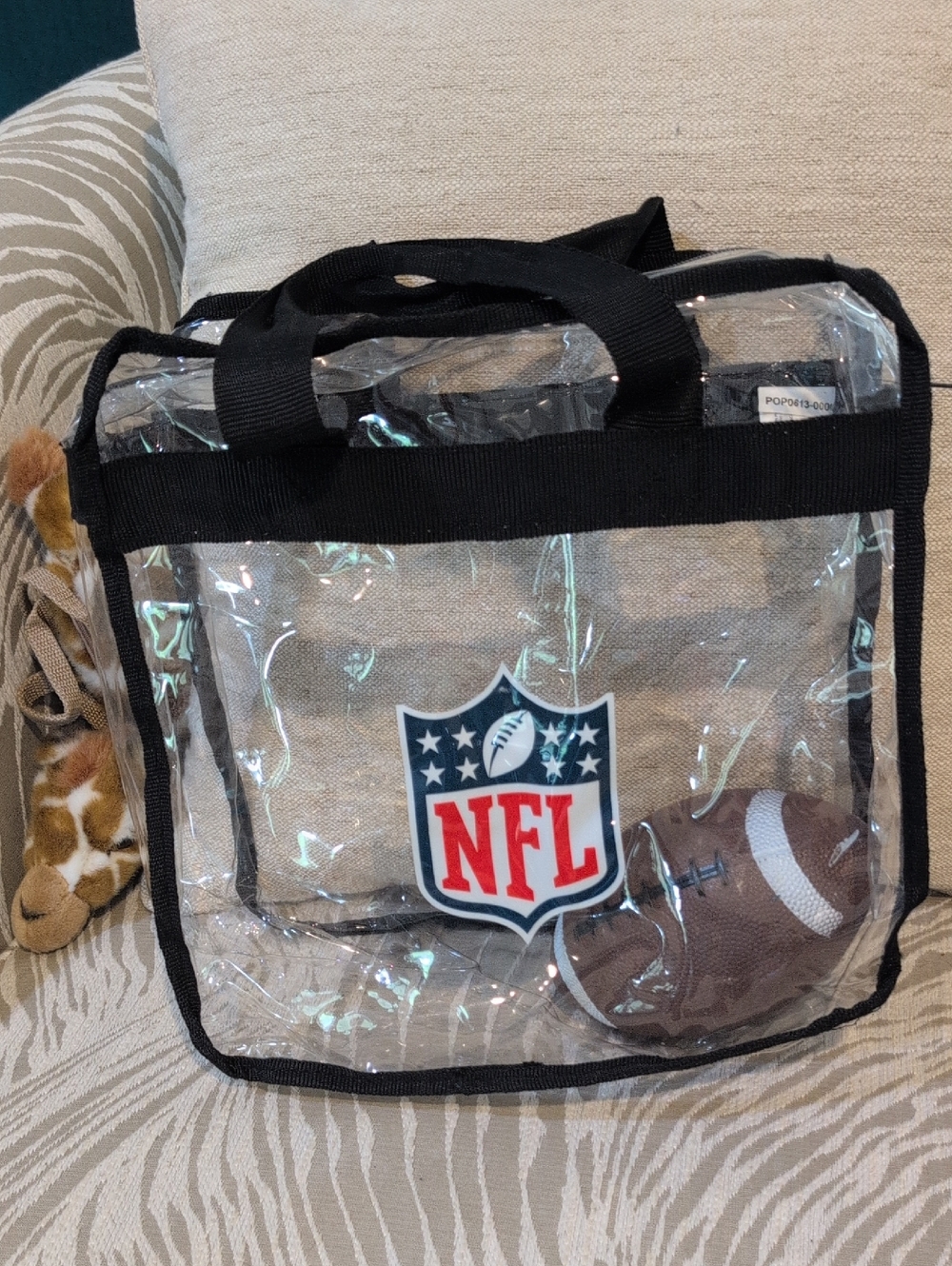 NFL Clear Tote Bag with Black Trim and Red Logo and Football